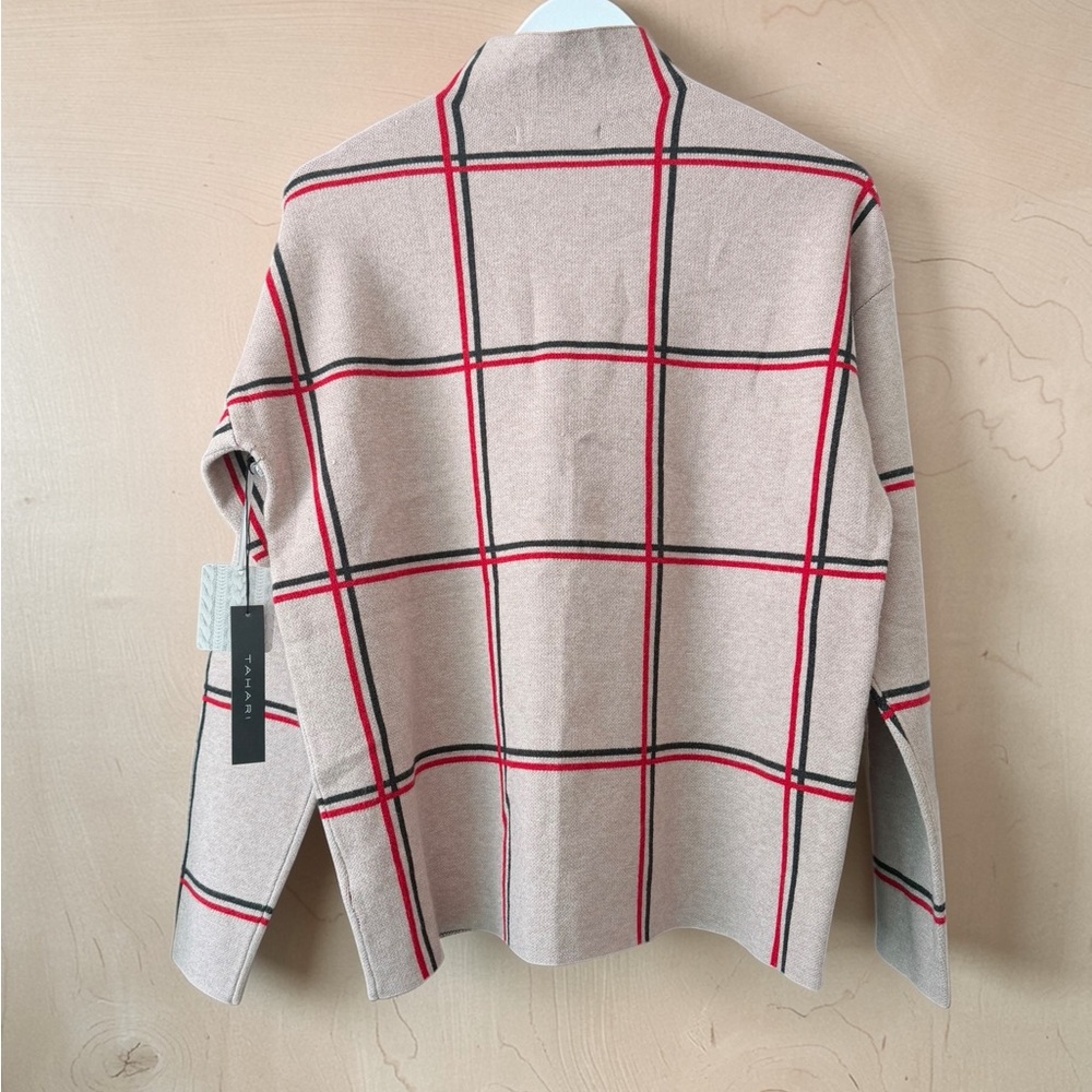 Tahari Beige Plaid Cowl Neck Sweater with Red and Black Trim